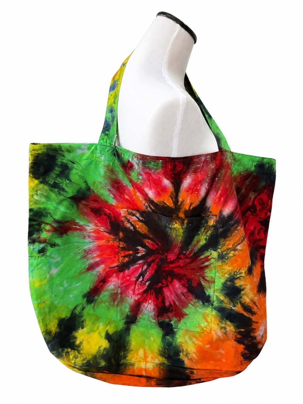 Tie-Dye Cotton Tote Bag in Green, Red & Orange & Navy, Beach Bag